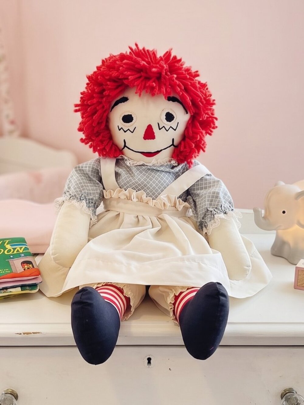 Vintage Handmade 24 inch Cloth Rag Doll with Red Yarn Hair